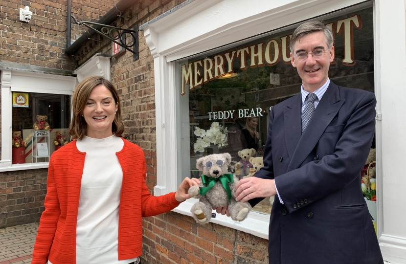 Lucy Allan and Jacob Rees-Mogg holding the official House of Commons teddy bear